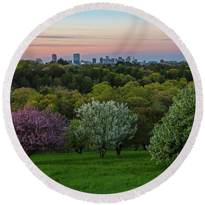 Boston Round Beach Towel featuring the photograph A Boston spring sunset from the Arnold Arboretum Jamaica Plain Boston Skyline by Toby McGuire