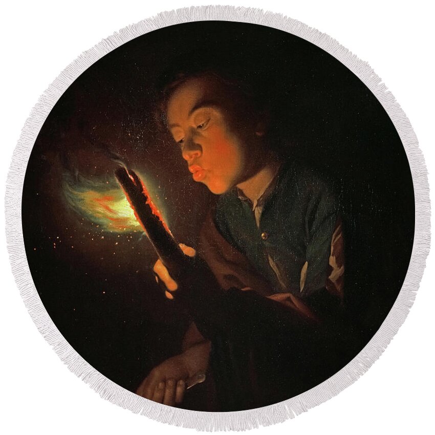 Godfried Schalcken Round Beach Towel featuring the painting A Boy Blowing on a Firebrand to Light a Candle, 1698 by Godfried Schalcken