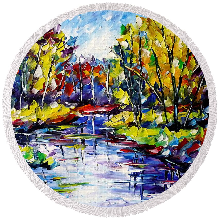 Spring Lovers Round Beach Towel featuring the painting A Day At The Lake by Mirek Kuzniar