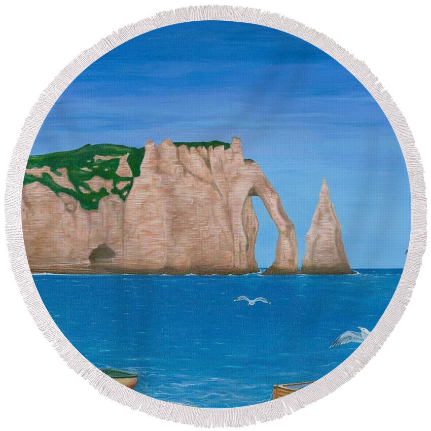 Etretat Round Beach Towel featuring the painting A Day in Etretat by Aicy Karbstein