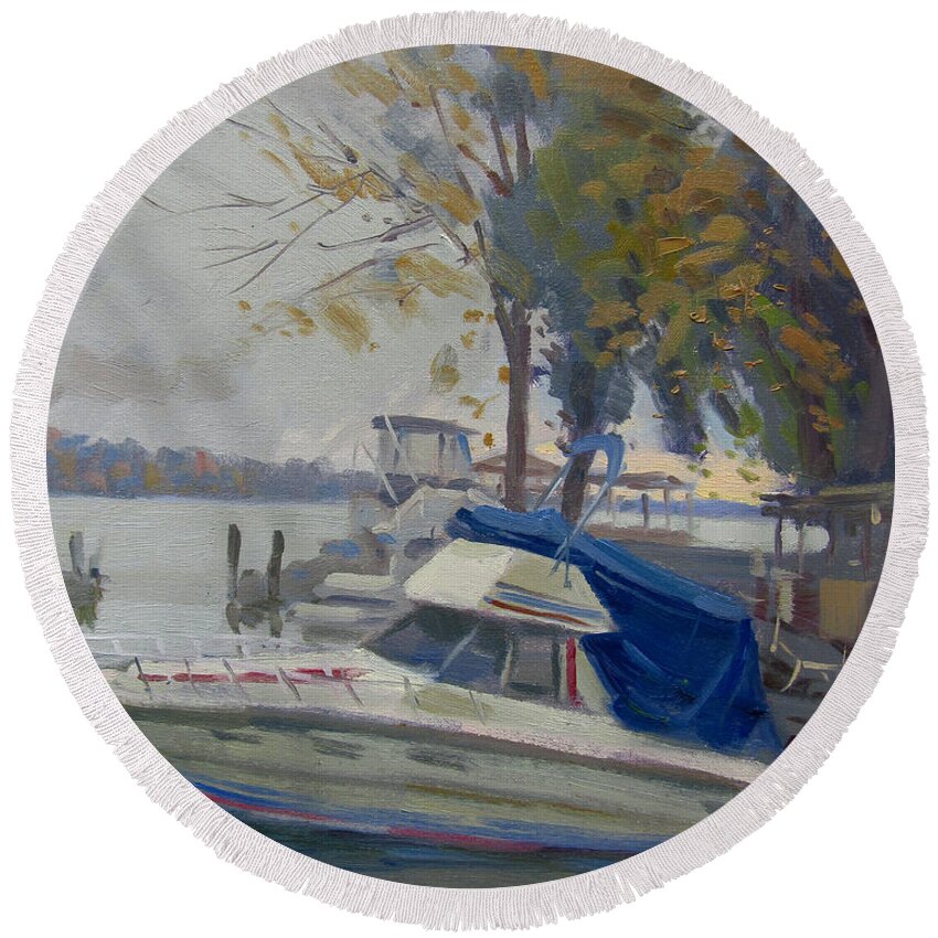 Drzzling Round Beach Towel featuring the painting A Drzzling Day At Tonawanda Island by Ylli Haruni