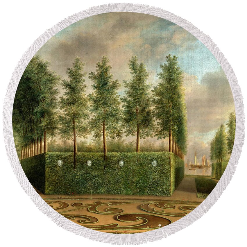 Vintage Art Round Beach Towel featuring the painting A Formal Garden by Audrey Jeanne Roberts