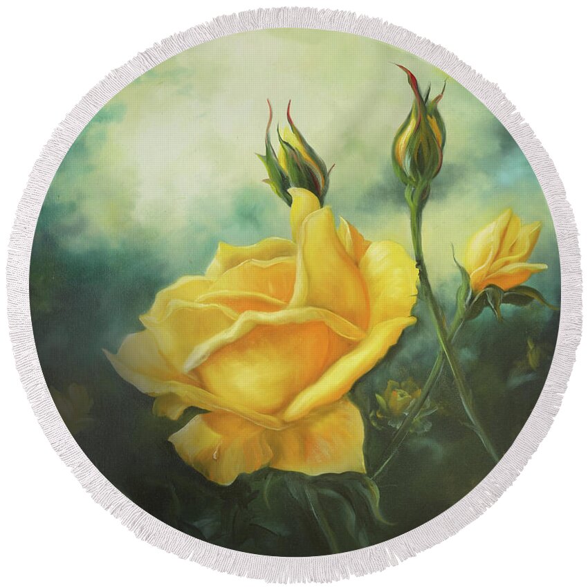 Rose Round Beach Towel featuring the painting Yellow Friendship Rose by Lynne Pittard
