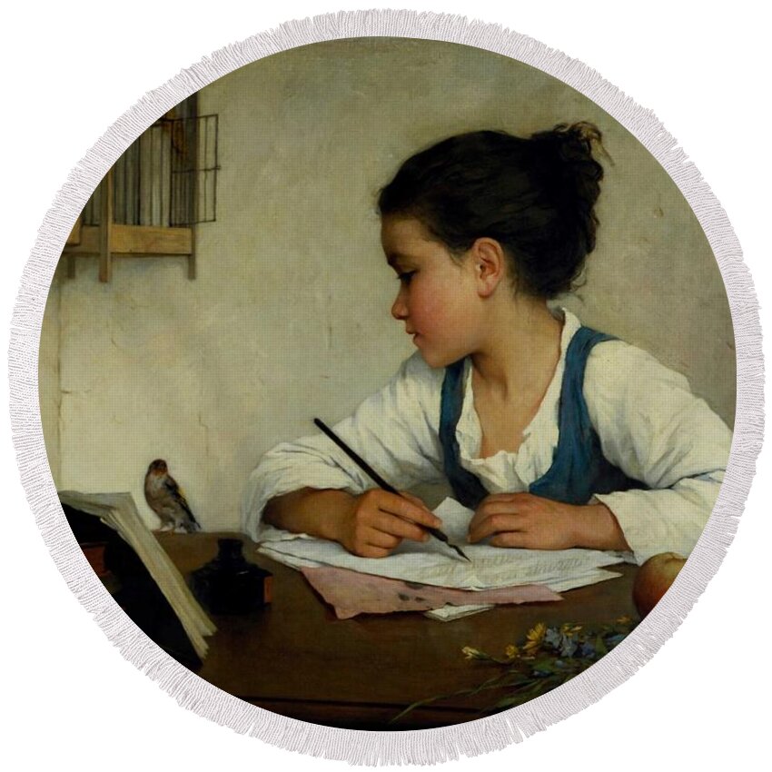 Girl Round Beach Towel featuring the painting A Girl Writing. The Pet Goldfinch by Henriette Browne by Celestial Images