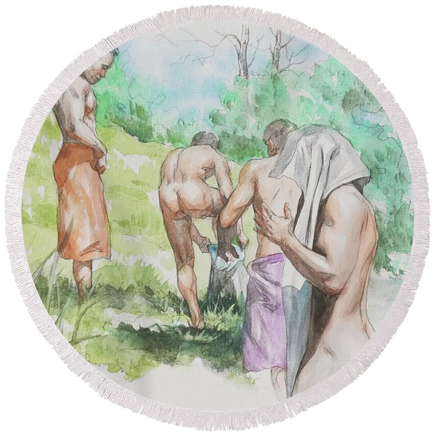 Male Nude Round Beach Towel featuring the painting A group of swimmers by Hongtao Huang