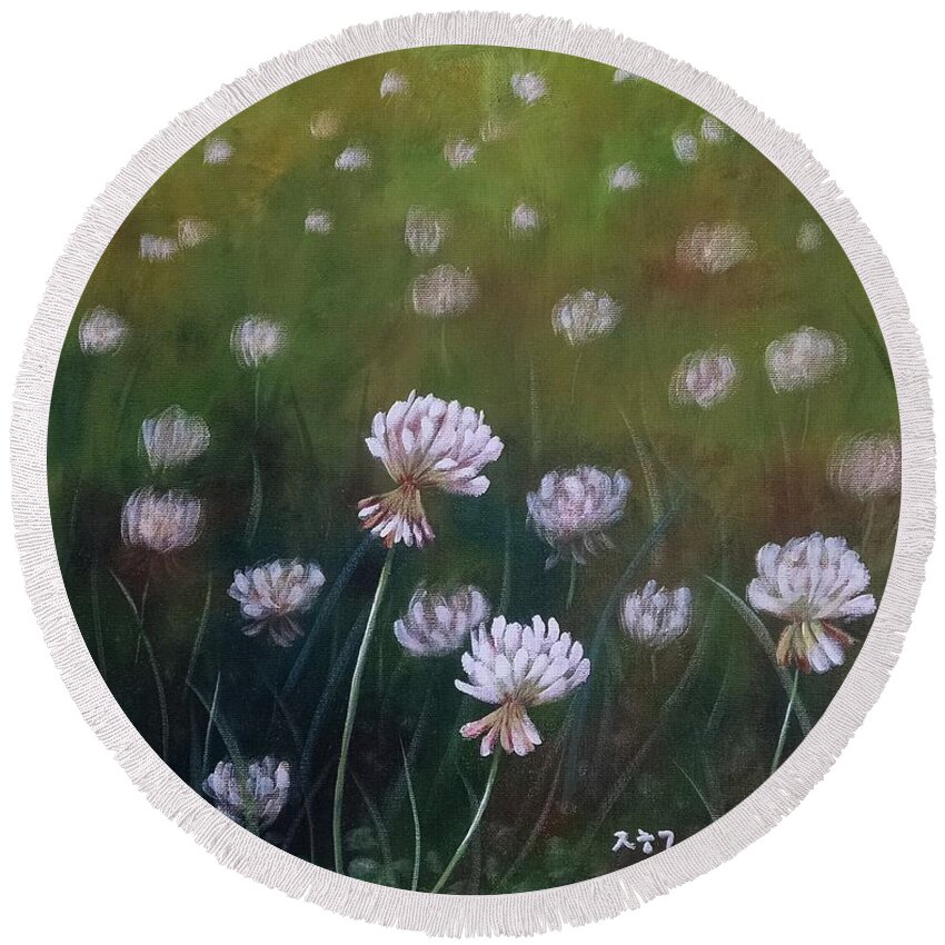 Clover Round Beach Towel featuring the painting A Lazy Mower's Excuse by Helian Cornwell