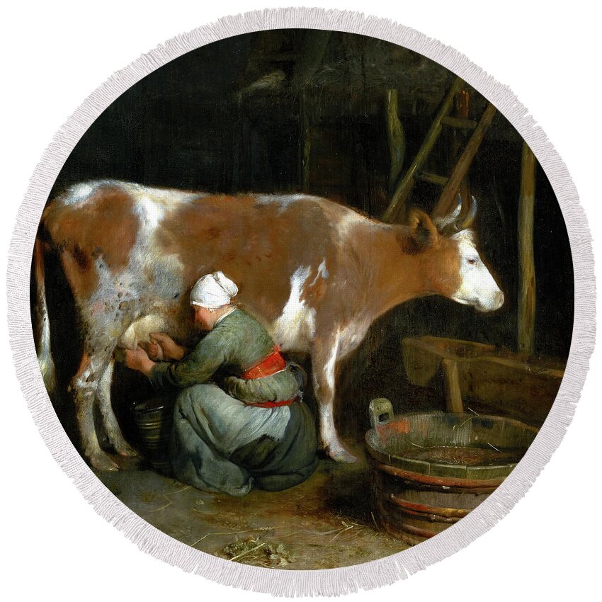 Gerard Ter Borch Round Beach Towel featuring the painting A Maid Milking a Cow in a Barn by Audrey Jeanne Roberts