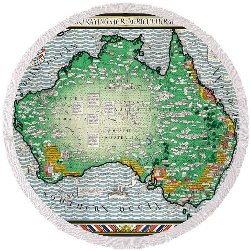 Agriculture Round Beach Towel featuring the drawing A Map Of Australia, 1930 by Leslie Macdonald Gill
