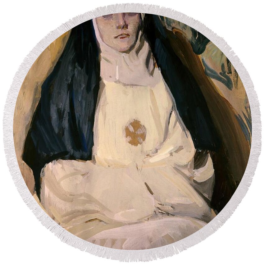 Joaquin Sorolla Round Beach Towel featuring the painting 'A Nun', 1918. by Joaquin Sorolla -1863-1923-