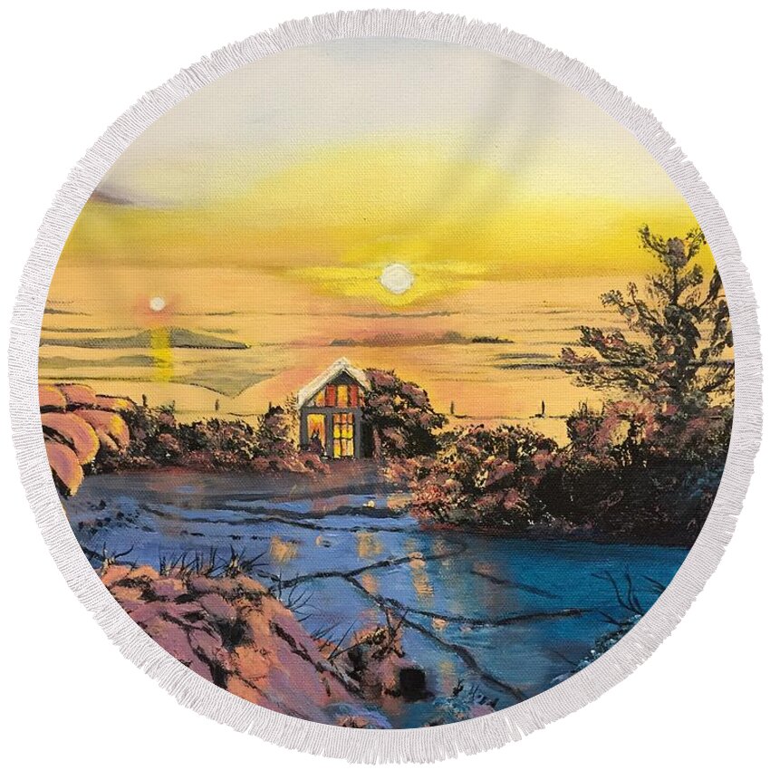 Sunrise Round Beach Towel featuring the painting A Perfect Prairie Morning by Sharon Duguay