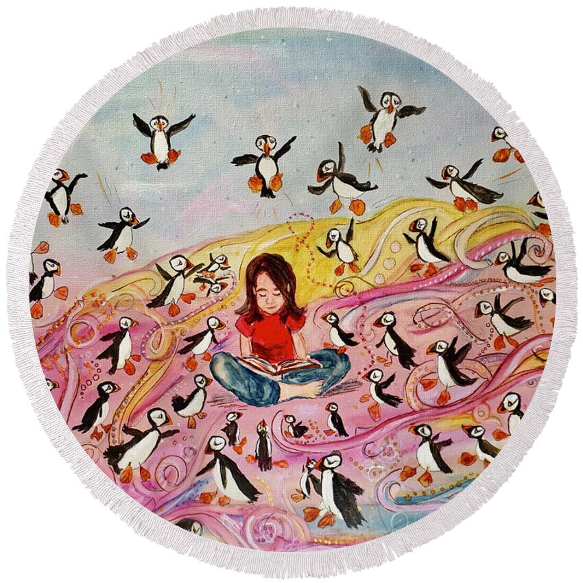 Puffin Round Beach Towel featuring the painting A Puffin Kind of Day by Patty Donoghue