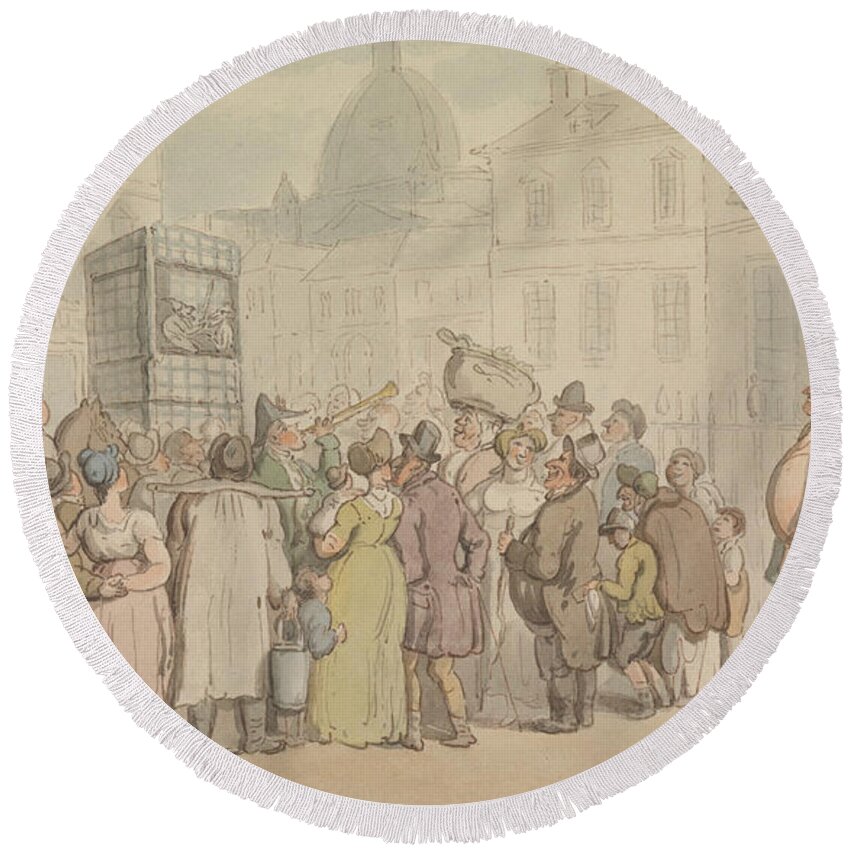 19th Century Art Round Beach Towel featuring the drawing A Punch and Judy Show by Thomas Rowlandson