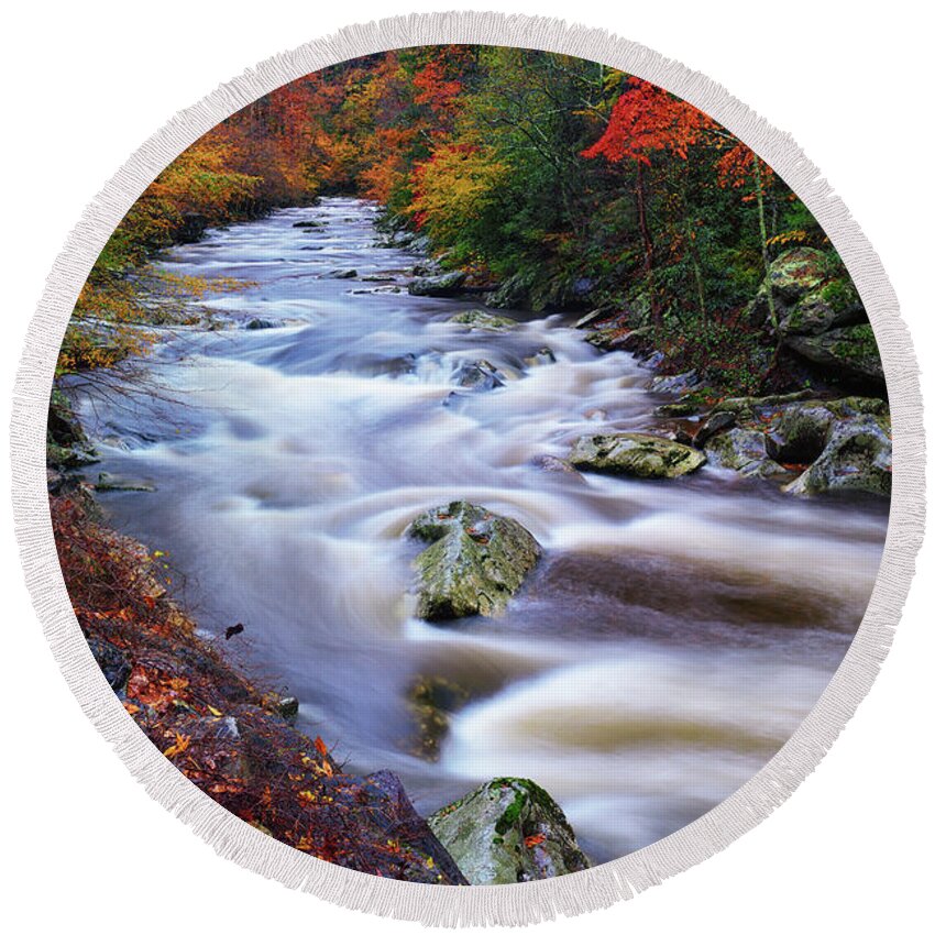 Great Smoky Mountains National Park Round Beach Towel featuring the photograph A River Runs Through Autumn by Greg Norrell