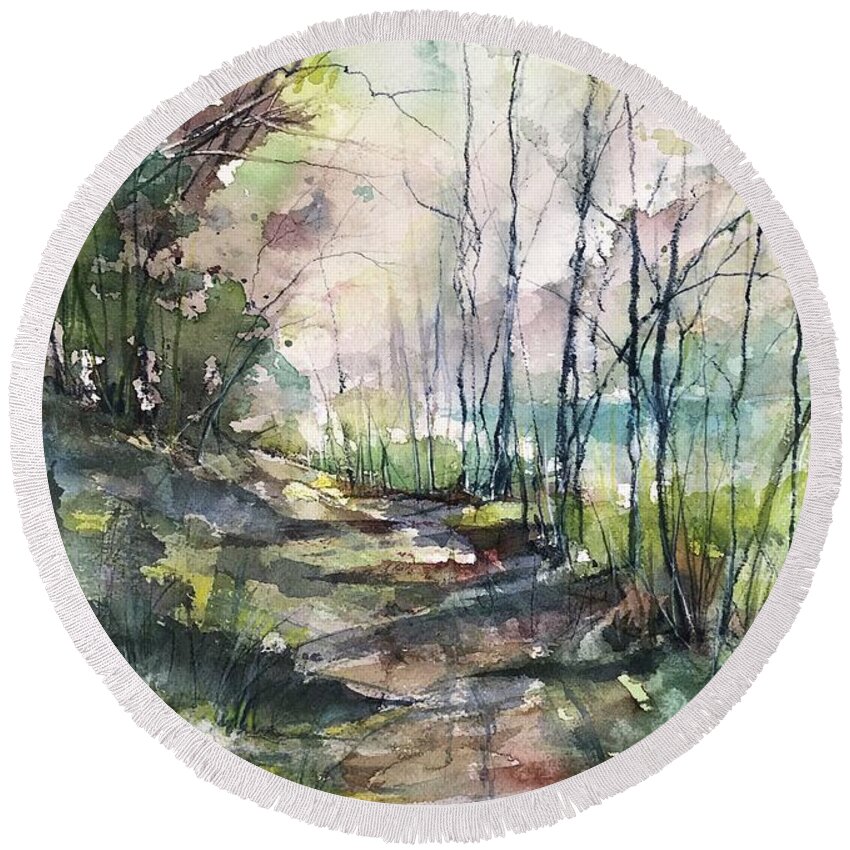 Watercolour Round Beach Towel featuring the painting A Road Less Traveled by Robin Miller-Bookhout