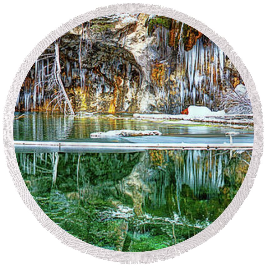  Olena Art Round Beach Towel featuring the photograph A Serene Chill - Hanging Lake Colorado Panorama by O Lena