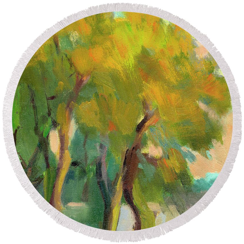 Landscape Round Beach Towel featuring the painting A Slight Breeze on Olive Trees by Diane McClary