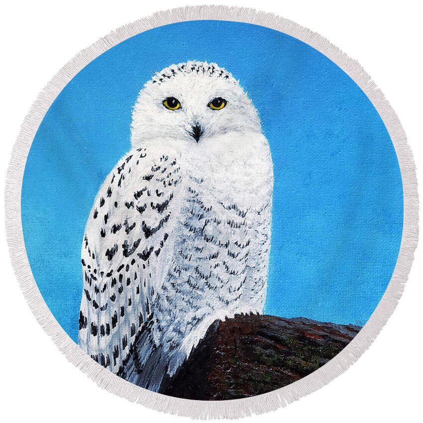 A Round Beach Towel featuring the painting A Snowy Owl for Magnus by Sarah Irland