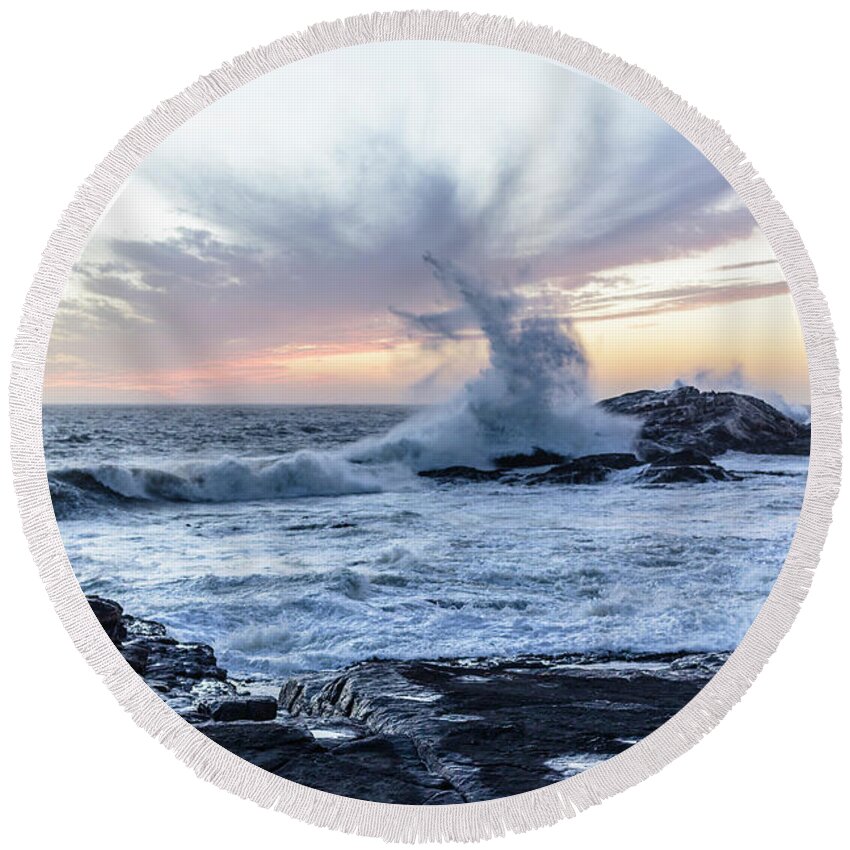 Ip_71140602 Round Beach Towel featuring the photograph A Storm Blowing A 10 Meter Breaker Over The Cliffs Of The Atlantic Coast Near Luederitz, Karas, Namibia by Wilfried Feder