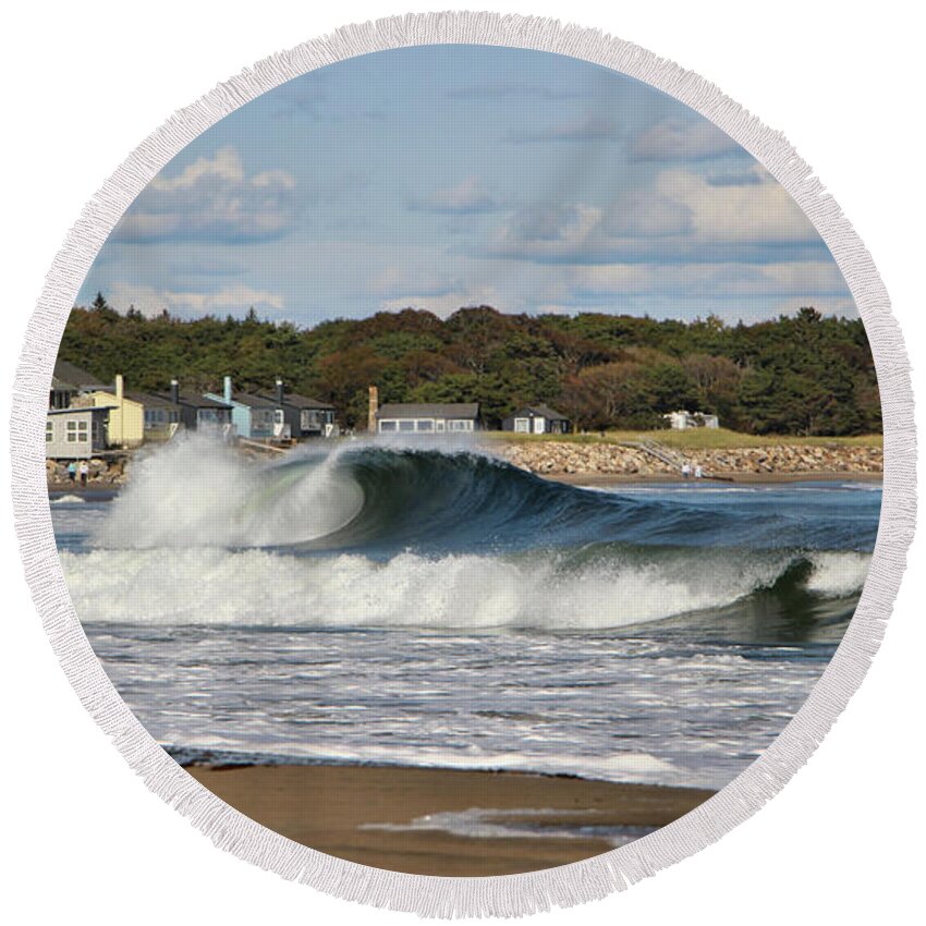 Landscape Round Beach Towel featuring the photograph A Surfers Paradise At Popham Beach by Sandra Huston