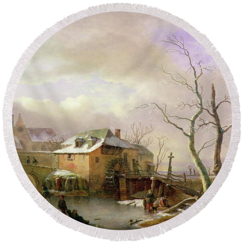 Skating Round Beach Towel featuring the painting A Winter Landscape With Peasants On A Frozen Millpond By A Village by Ignatius Josephus Van Regemorter