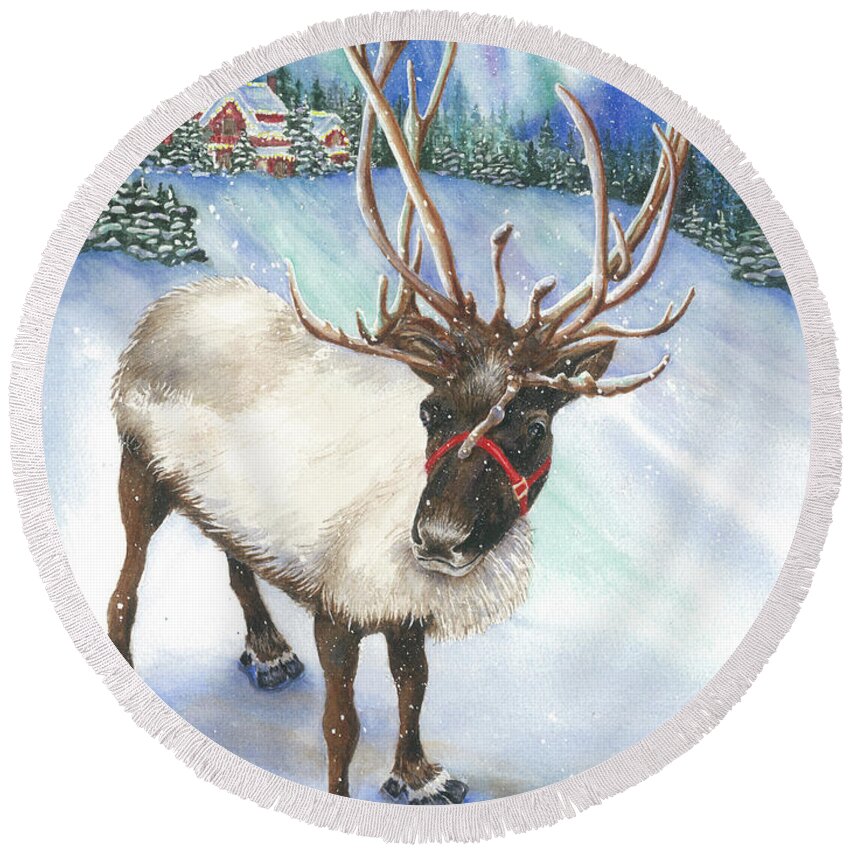 Reindeer Round Beach Towel featuring the painting A Winter's Walk by Lori Taylor