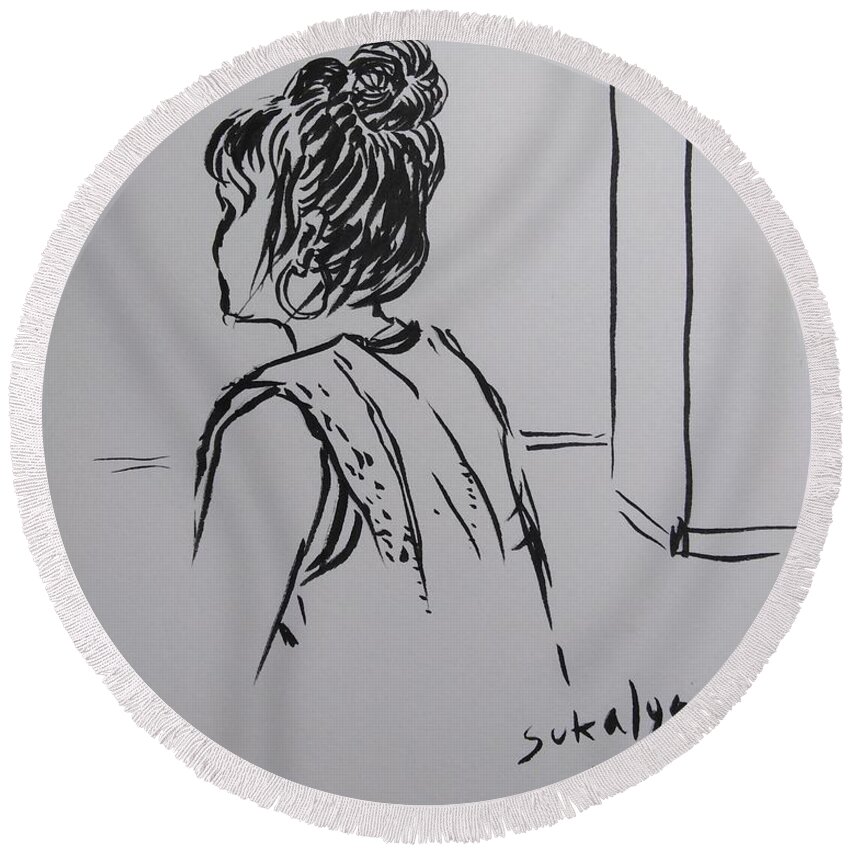 Woman Round Beach Towel featuring the drawing A woman at the gym by Sukalya Chearanantana