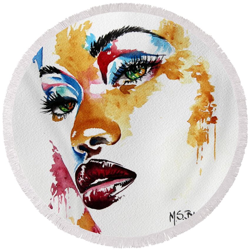 African American Woman Round Beach Towel featuring the painting A Woman of Color by Maria Barry