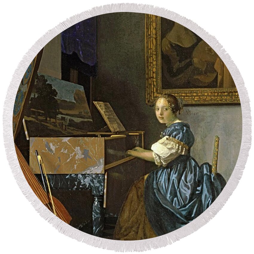 Johannes Vermeer Round Beach Towel featuring the painting A young woman seated at the virginal, around 1670, oil on canvas, 51,5 x 45,5 cm. by Jan Vermeer -1632-1675-