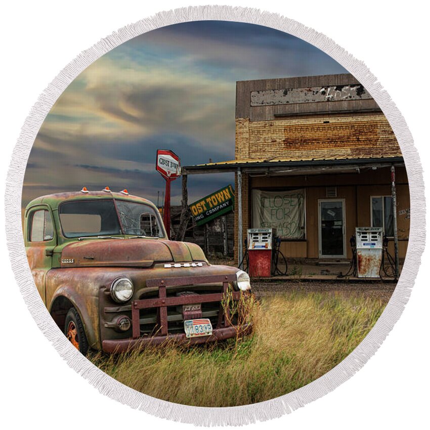 Abandoned Round Beach Towel featuring the photograph Abandoned Dodge Truck and Gas Station by Randall Nyhof