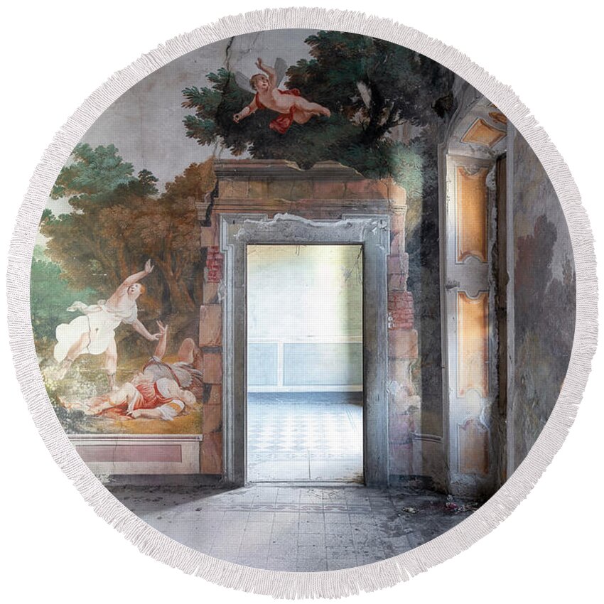 Urban Round Beach Towel featuring the photograph Abandoned Palace with Fresco by Roman Robroek