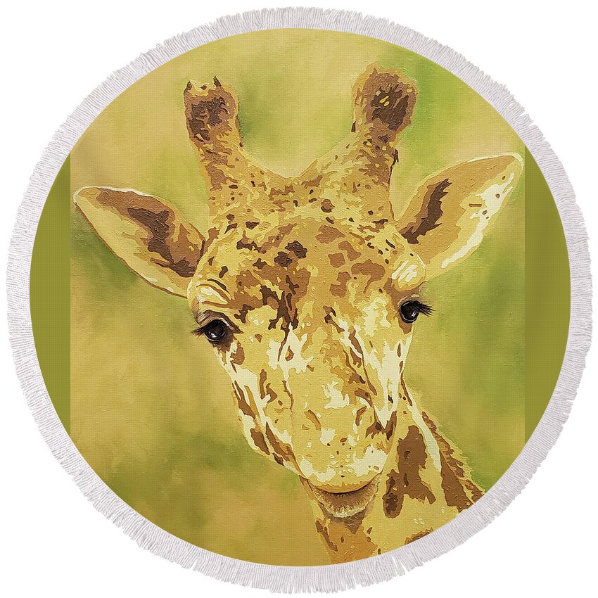Giraffe Round Beach Towel featuring the painting Abeke by Cheryl Bowman