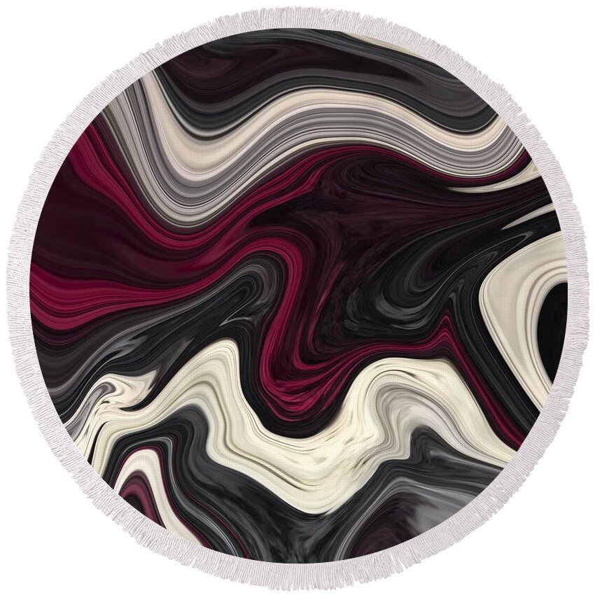 Abstract Round Beach Towel featuring the painting Abstract Art - Colorful Fluid Painting Marble Pattern Black and Red by Patricia Piotrak