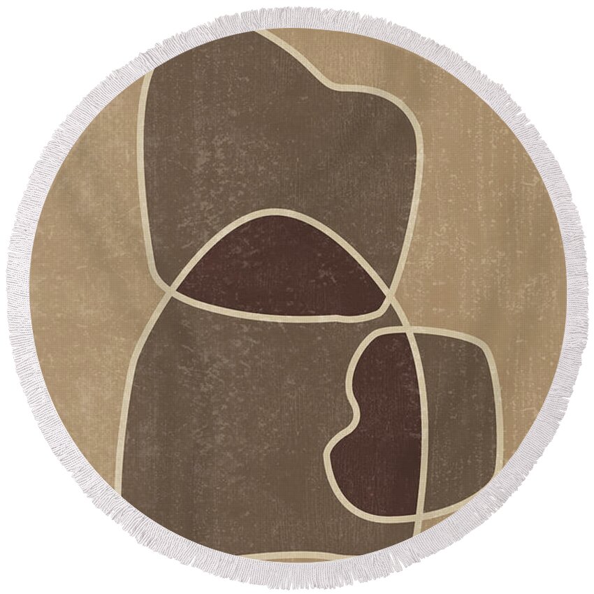 Abstract Round Beach Towel featuring the mixed media Abstract Composition in Brown and Tan - Modern, Minimal, Contemporary Print - Earthy Abstract 2 by Studio Grafiikka