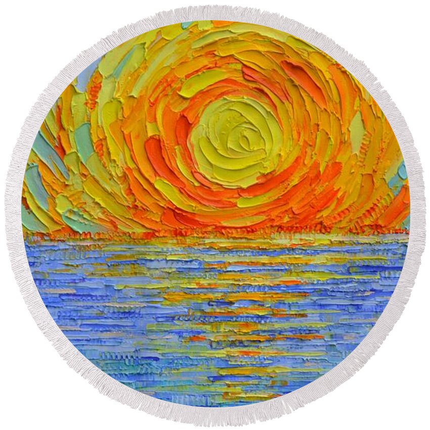 Sun Round Beach Towel featuring the painting ABSTRACT SEA SUNRISE REFLECTIONS modern impressionist impasto knife oil painting Ana Maria Edulescu by Ana Maria Edulescu