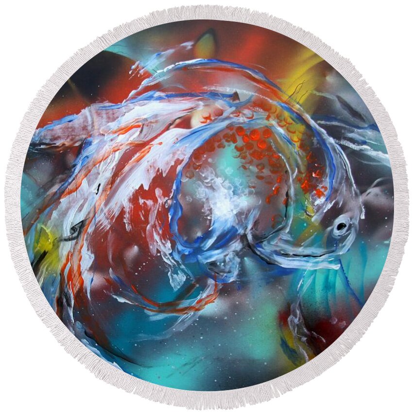 Fish Round Beach Towel featuring the painting Abstract White Tri Fantail Goldfish by J Vincent Scarpace