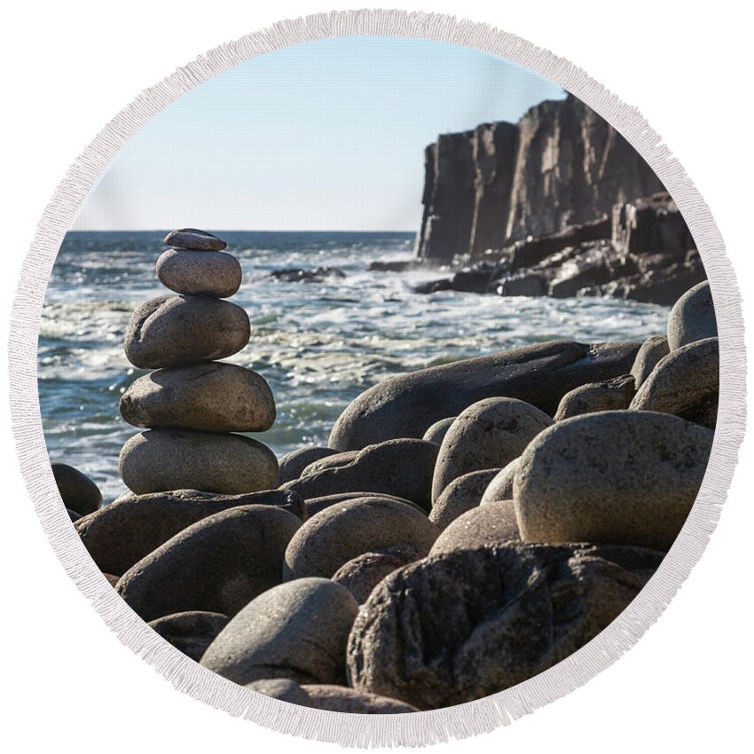 Acadia Round Beach Towel featuring the photograph Acadia Rocks by Karin Pinkham