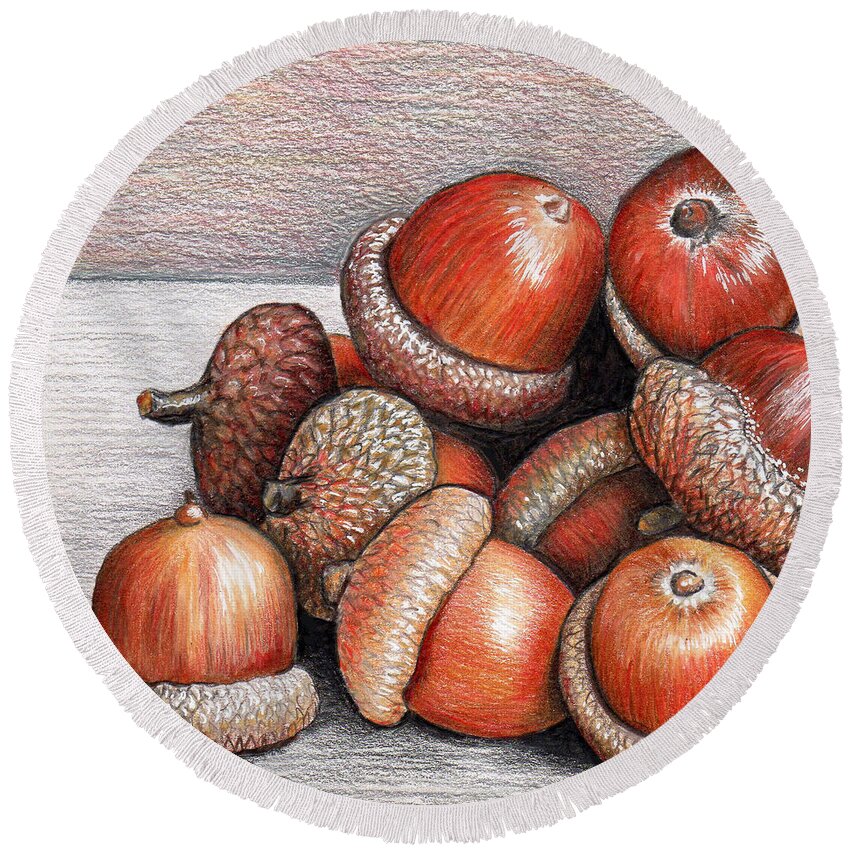 Acorn Round Beach Towel featuring the drawing Acorns by Nancy Mueller