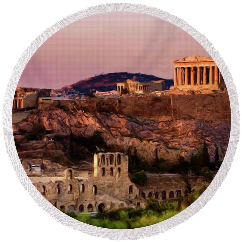 Troy Caperton Round Beach Towel featuring the painting Acropolis at Twilight by Troy Caperton