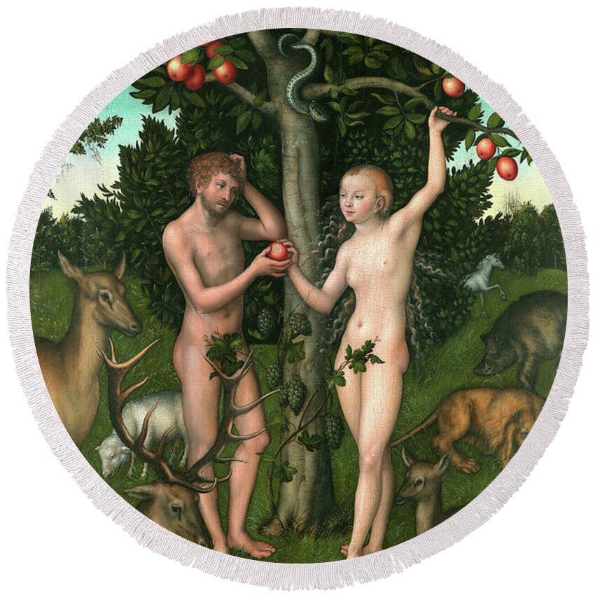 Lucas Cranach The Elder Round Beach Towel featuring the painting Adam and Eve, 1526 by Lucas Cranach