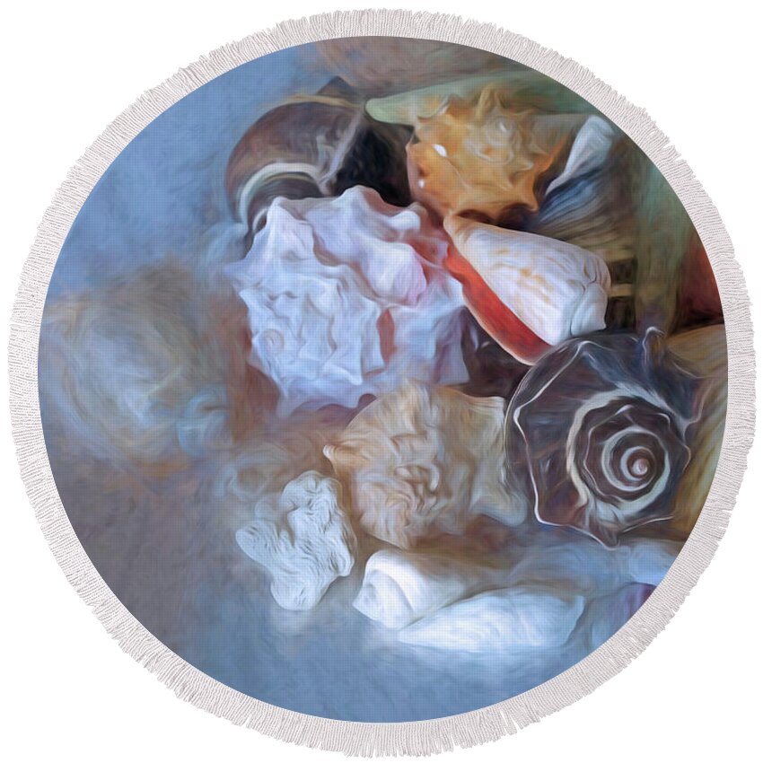 Impressionism Round Beach Towel featuring the mixed media Adjacent Shells with Chalk Effect 24 by Lynda Lehmann