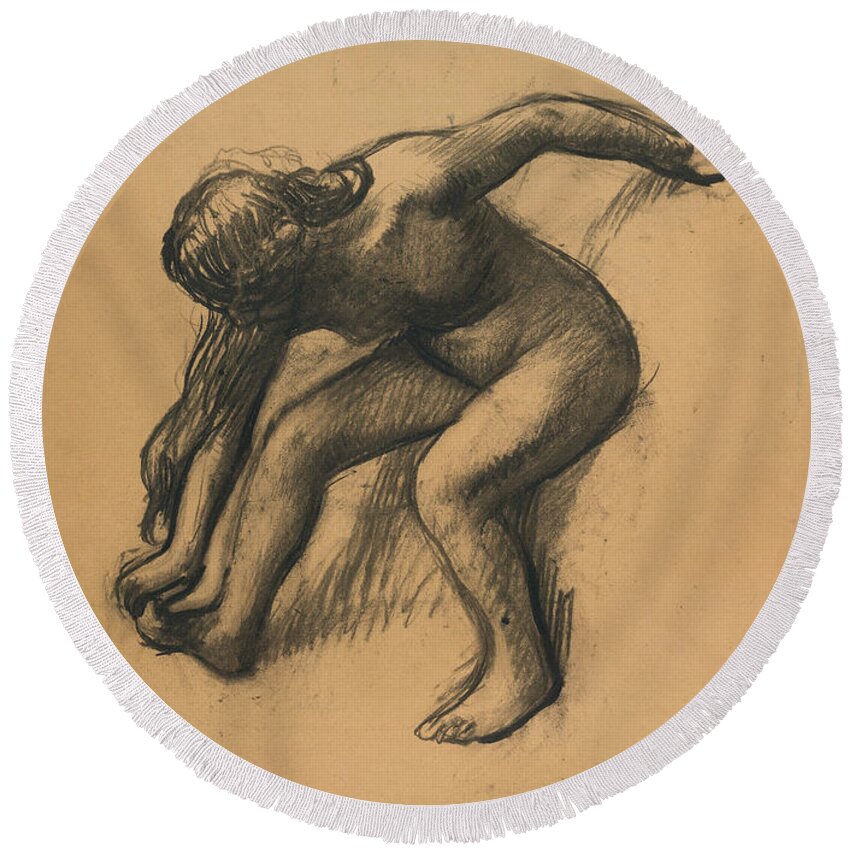 19th Century Art Round Beach Towel featuring the drawing After the Bath, circa 1900 by Edgar Degas