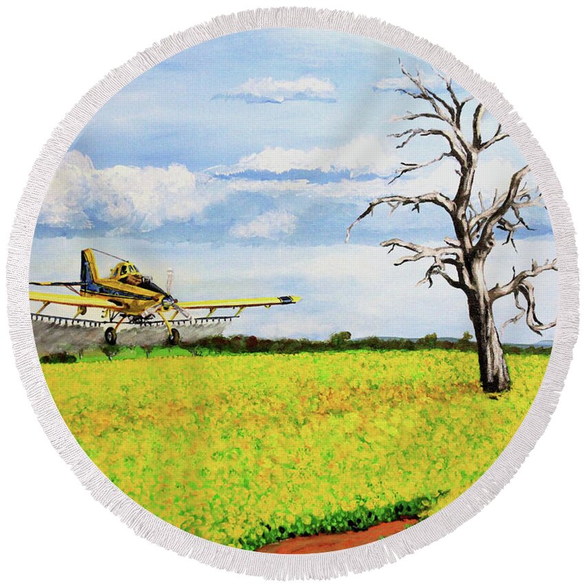 Aircraft Round Beach Towel featuring the painting Air Tractor Spraying Canola Fields by Karl Wagner