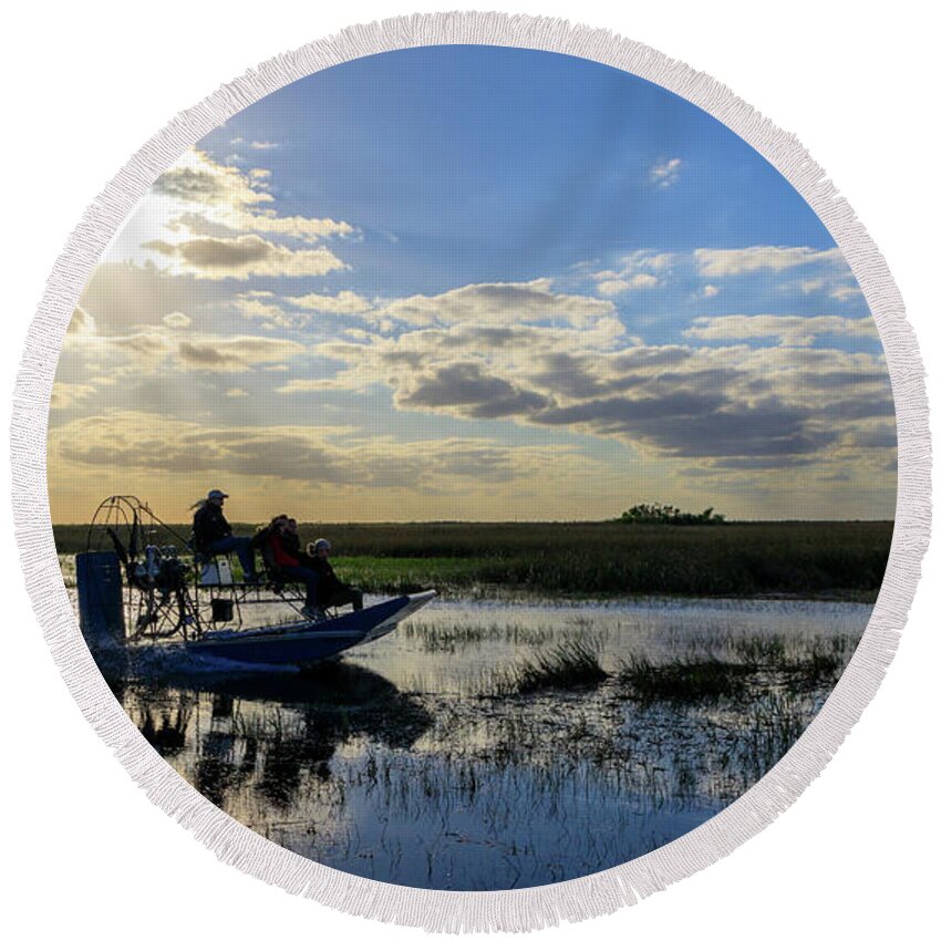 Airboat Round Beach Towel featuring the photograph Airboat at Sunset #660 by Michael Fryd