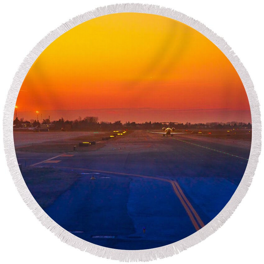 Airport Round Beach Towel featuring the photograph Airport Runway At Sunset by Benny Marty