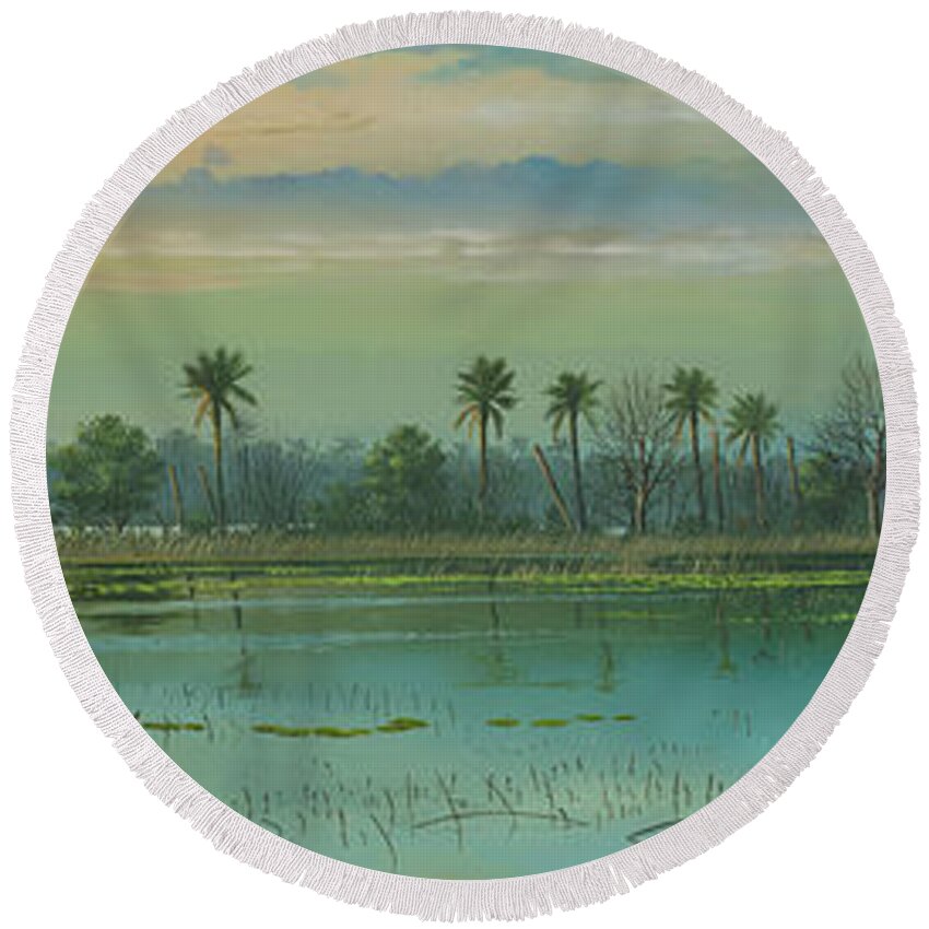 Florida Marsh Scene Round Beach Towel featuring the painting Alligator Alley by Mike Brown