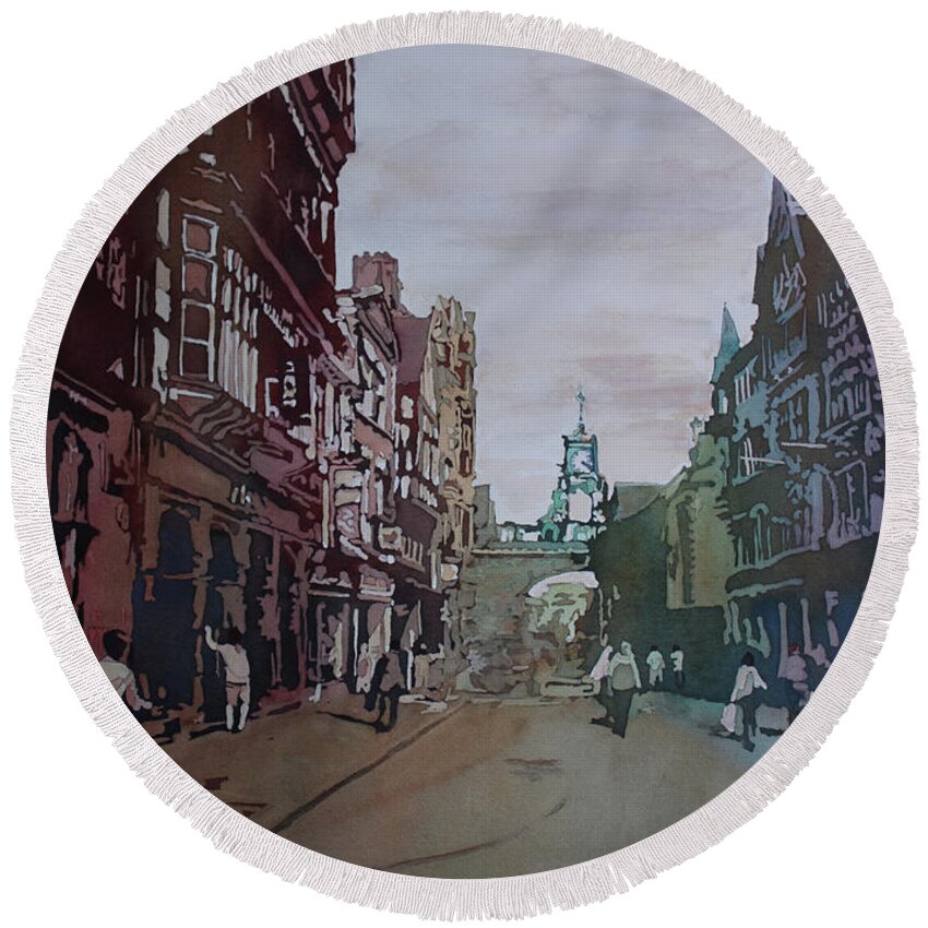 Chester Round Beach Towel featuring the painting All Rows Lead to the Eastgate Clock by Jenny Armitage
