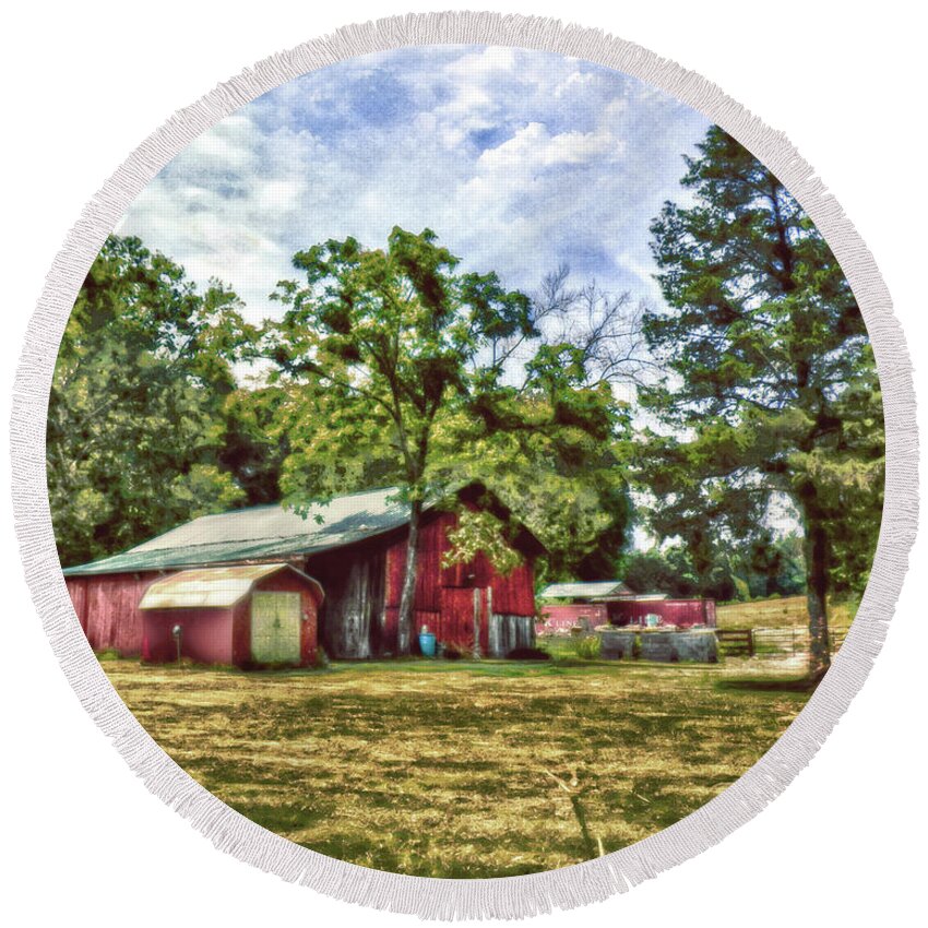 Barn Tennessee Trees Clouds Round Beach Towel featuring the digital art Along the Rural Road Old Barn in Tennessee by Rhonda Strickland