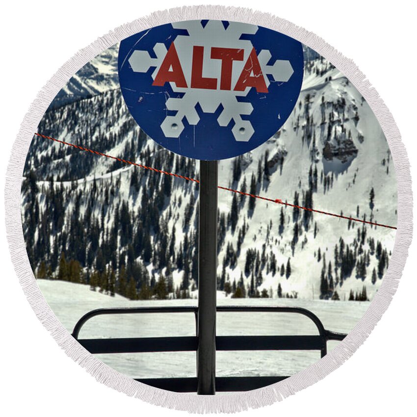 Alta Round Beach Towel featuring the photograph Alta Ski Lift Chair by Adam Jewell