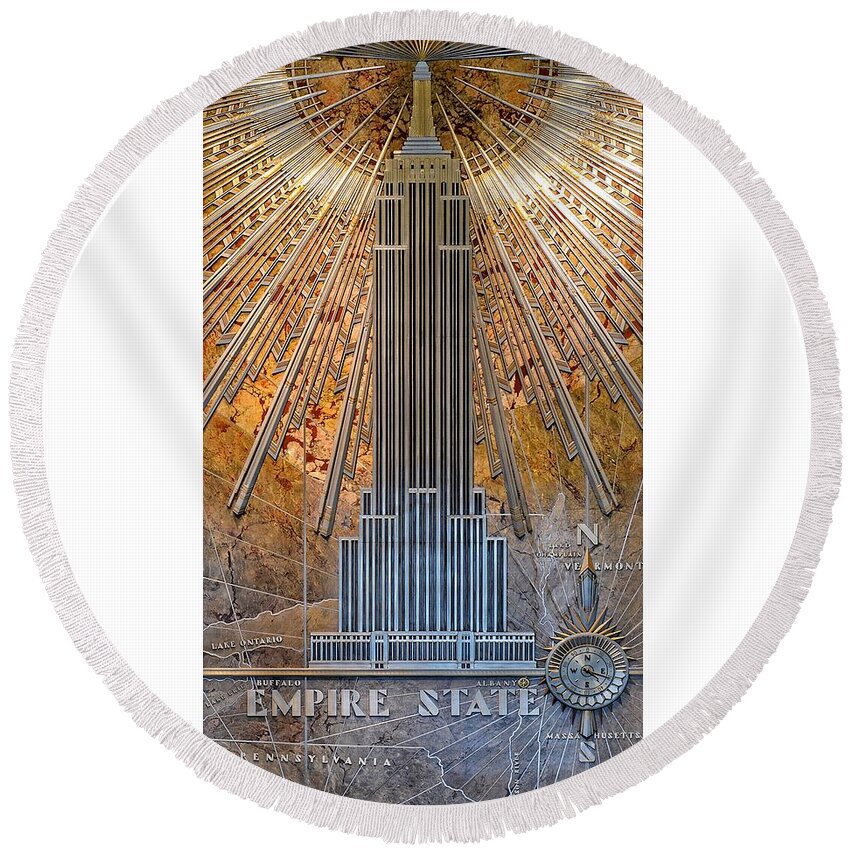 Aluminum Relief Round Beach Towel featuring the photograph Aluminum Relief Inside The Empire State Building - New York by Marianna Mills
