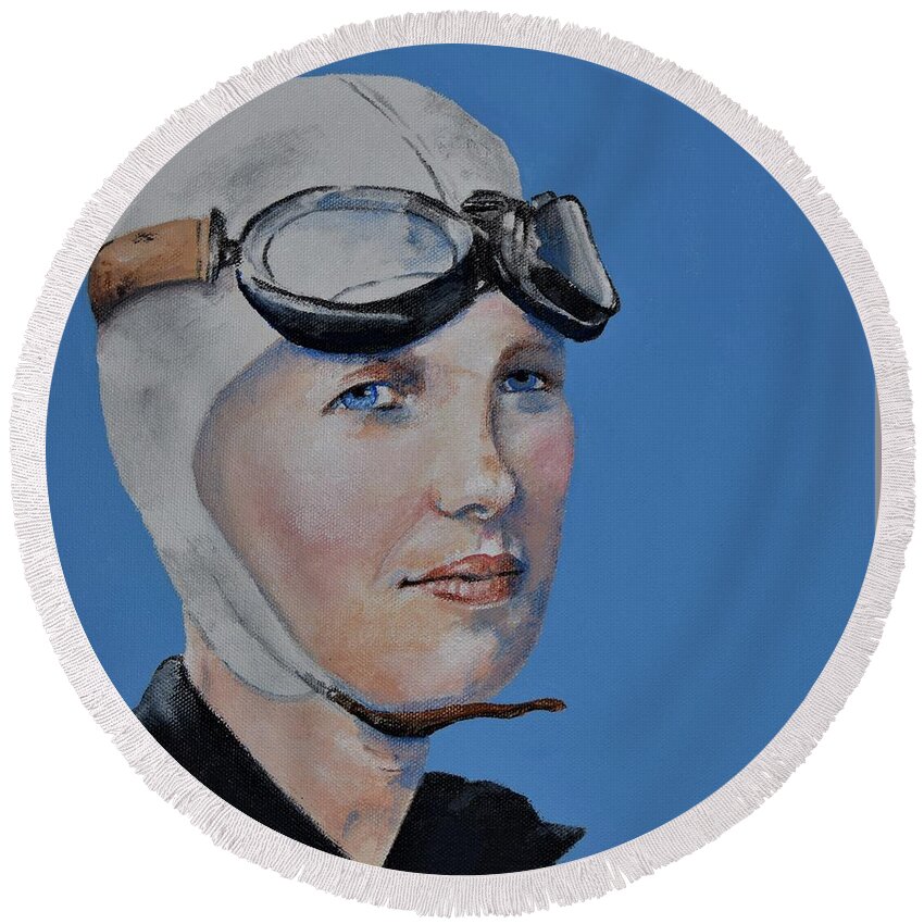 Amelia Earhart Round Beach Towel featuring the painting Amelia Earhart by Celene Terry